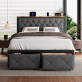 ed Frame with 2 Drawers, Metal Platform Bed with Charging Station and Linen Fabric Storage Headboard