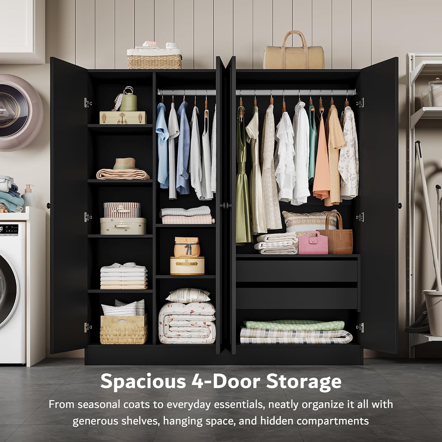 iPormis 4 doors armoire wardrobe closet with 2 drawers, showcasing a large, elegant design for versatile storage solutions.