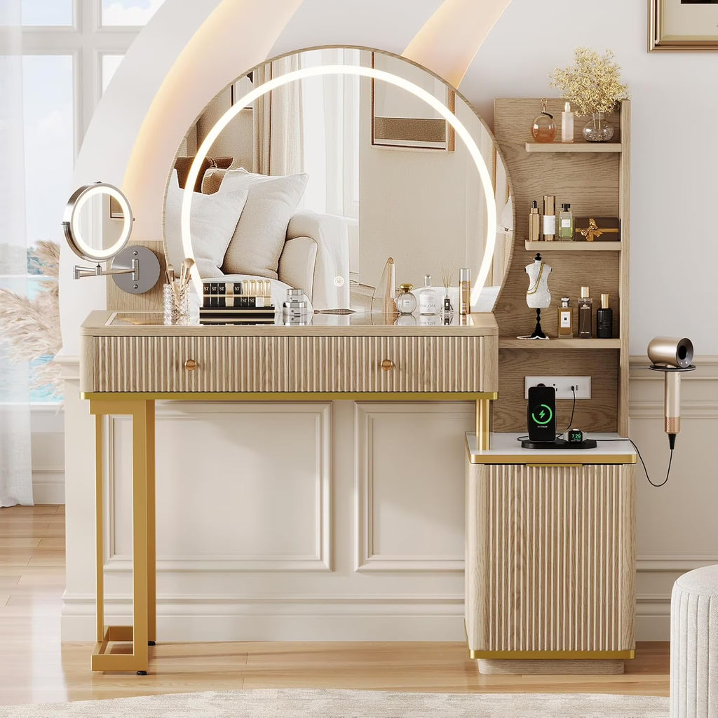iPormis Makeup Vanity Desk with Round Mirror and Lights, 5x Magnifying Makeup Mirror, Dressing Table w/Power Outlets, Doorshelves & Adjustable Storage