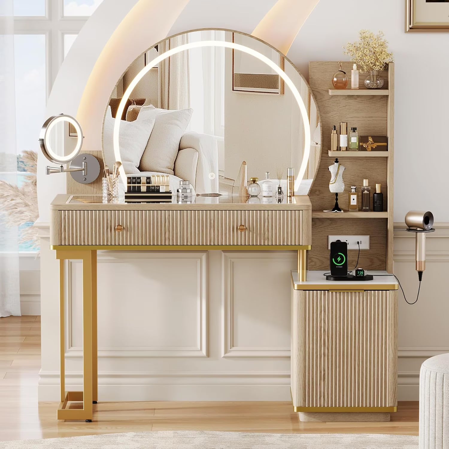 iPormis Makeup Vanity Desk with Round Mirror and Lights, 5x Magnifying Makeup Mirror, Dressing Table w/Power Outlets, Doorshelves & Adjustable Storage