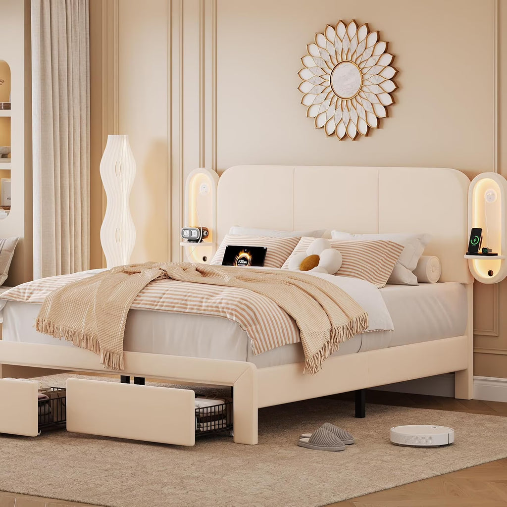 Upholstered Bed Frame with 2 Storage Drawers and Side-Shelf Headboard, Velvet Bed Frame with LED Lights