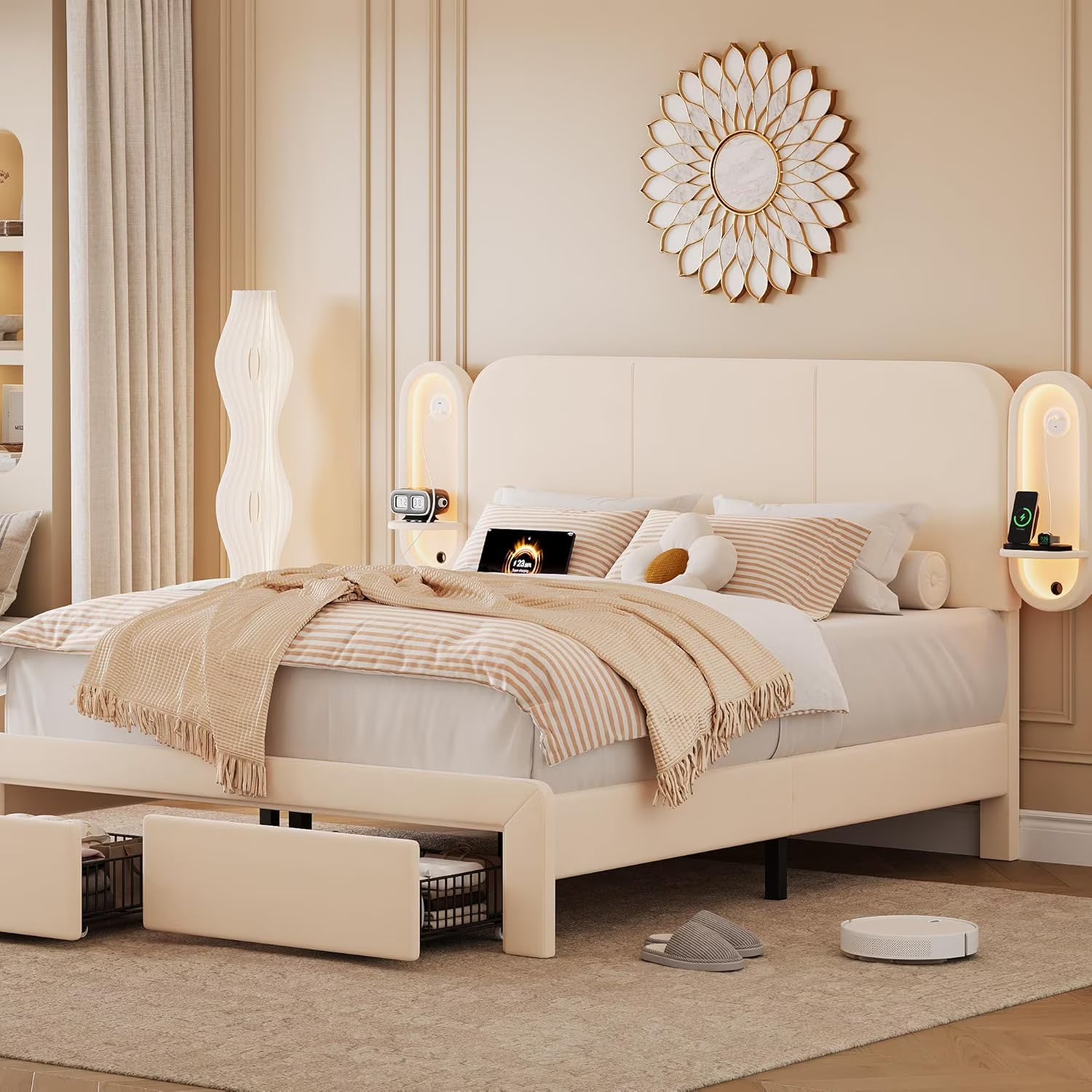 Upholstered Bed Frame with 2 Storage Drawers and Side-Shelf Headboard, Velvet Bed Frame with LED Lights