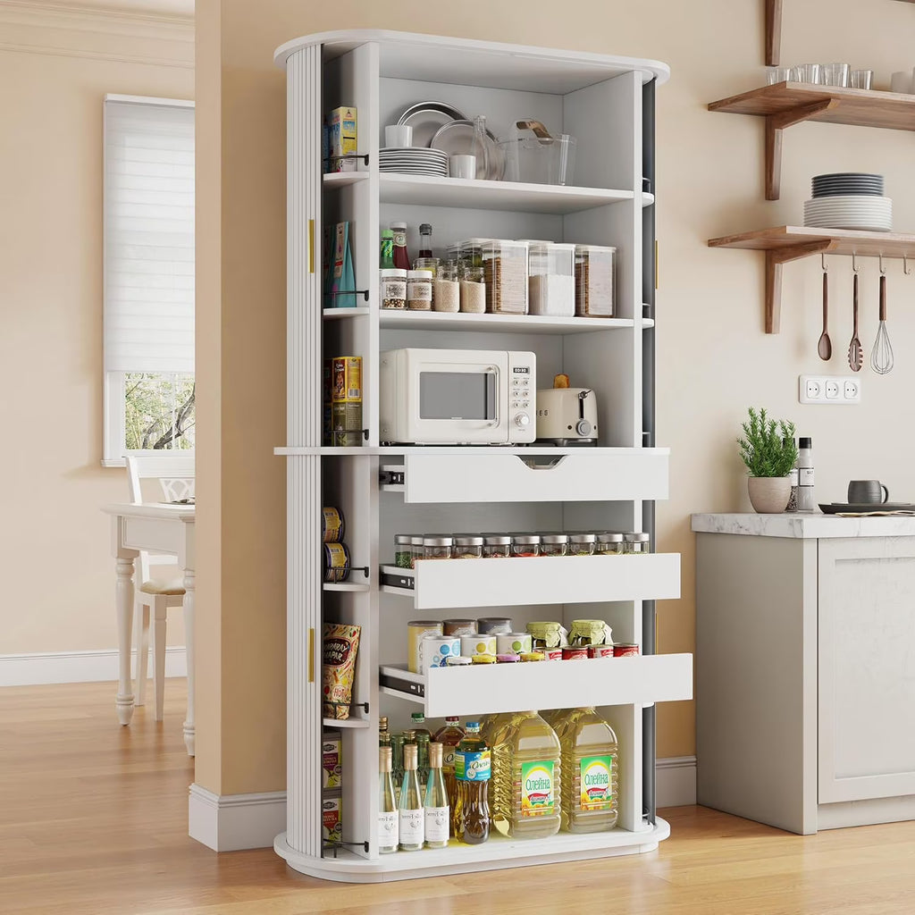 iPormis 64" Kitchen Pantry with Sliding Doors, Tall Farmhouse Curved Pantry Storage Cabinets with Drawer & Pull Out Shelves