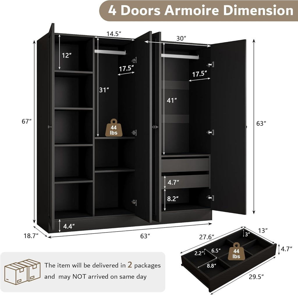 iPormis 4 doors armoire wardrobe closet with 2 drawers, showcasing a large, modern cabinet design in a neutral color.