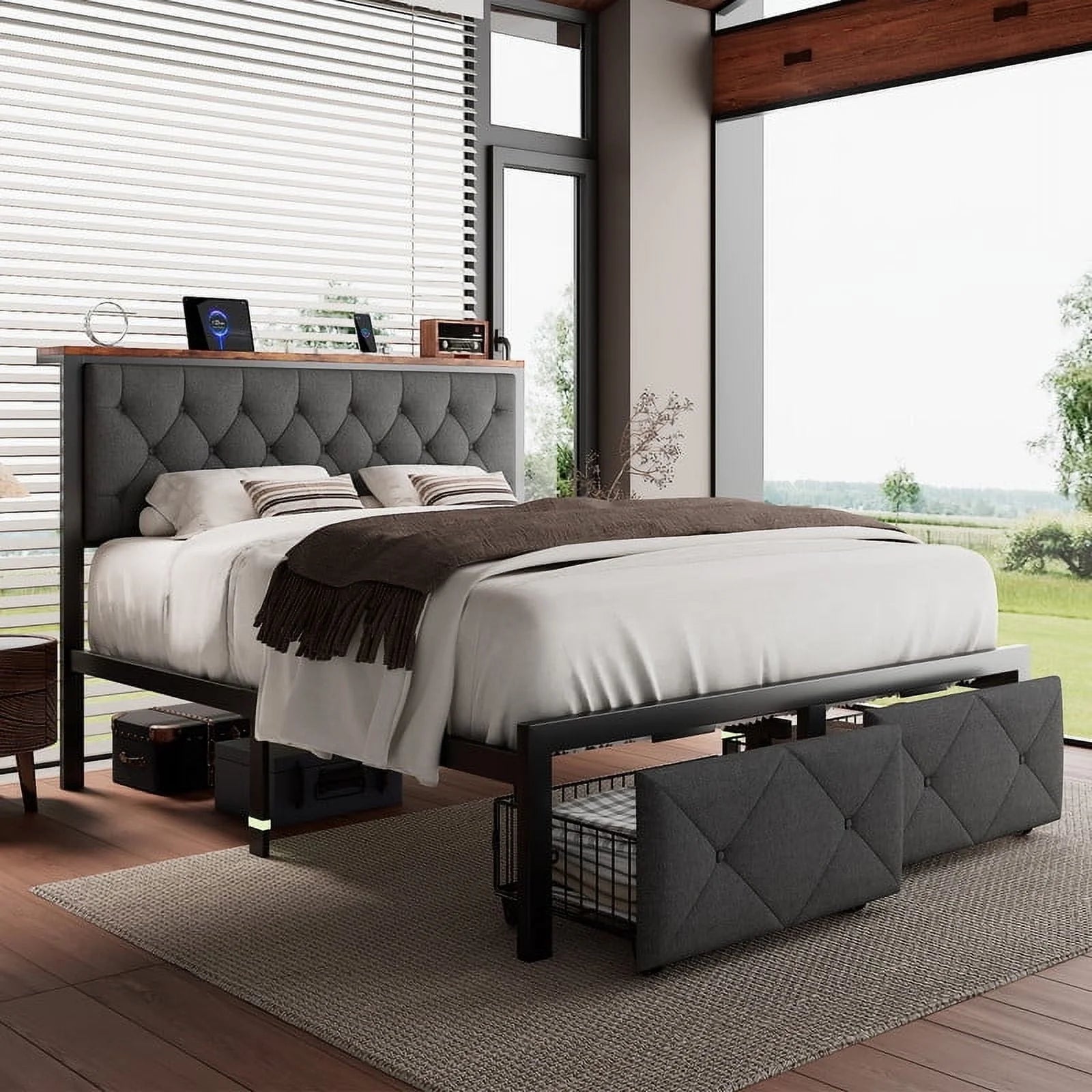 ed Frame with 2 Drawers, Metal Platform Bed with Charging Station and Linen Fabric Storage Headboard