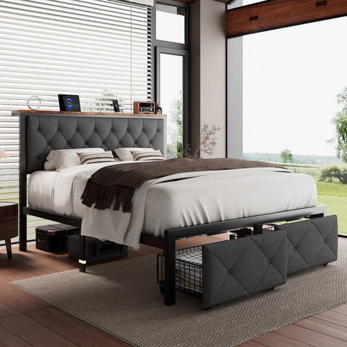 ed Frame with 2 Drawers, Metal Platform Bed with Charging Station and Linen Fabric Storage Headboard