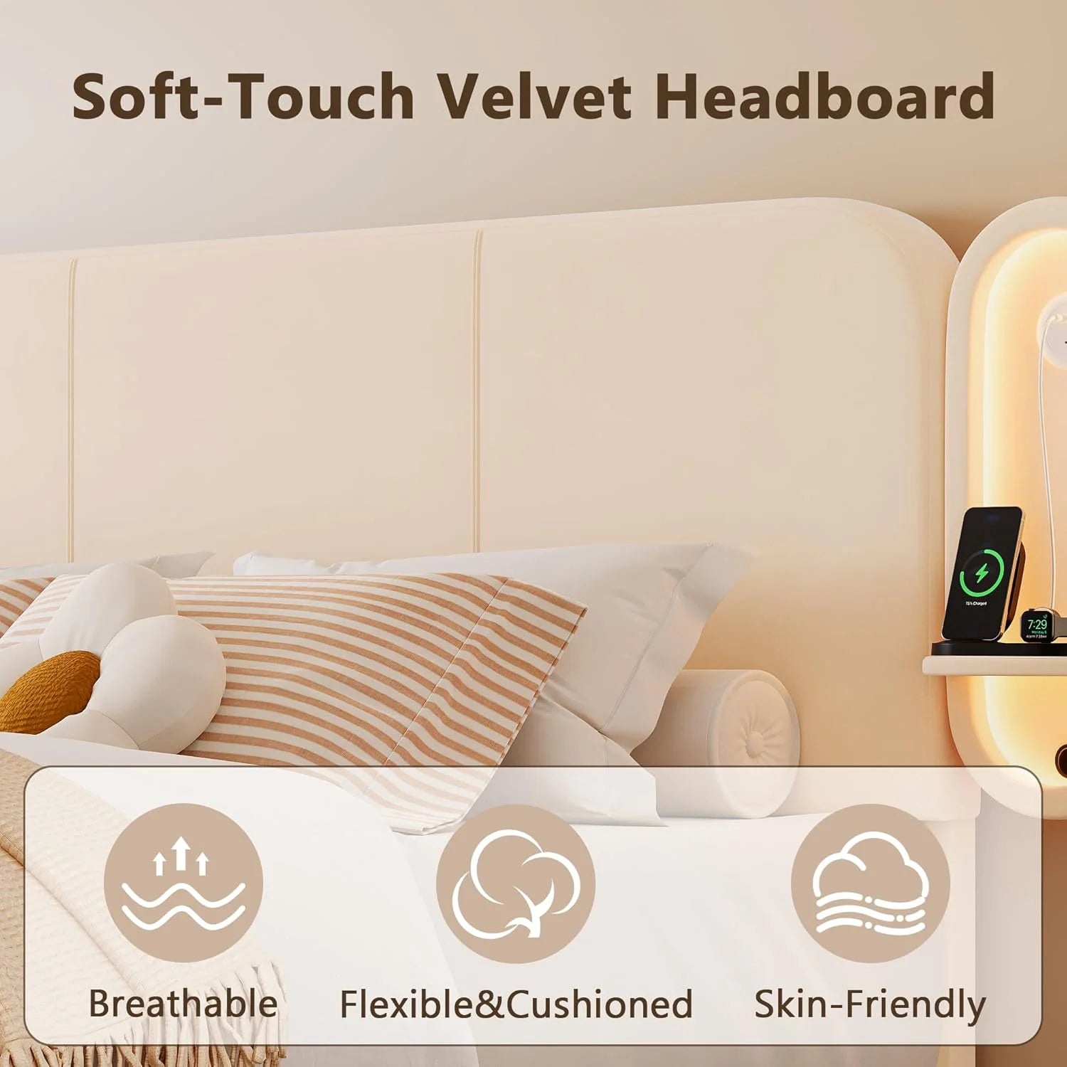 Upholstered Bed Frame with 2 Storage Drawers and Side-Shelf Headboard, Velvet Bed Frame with LED Lights