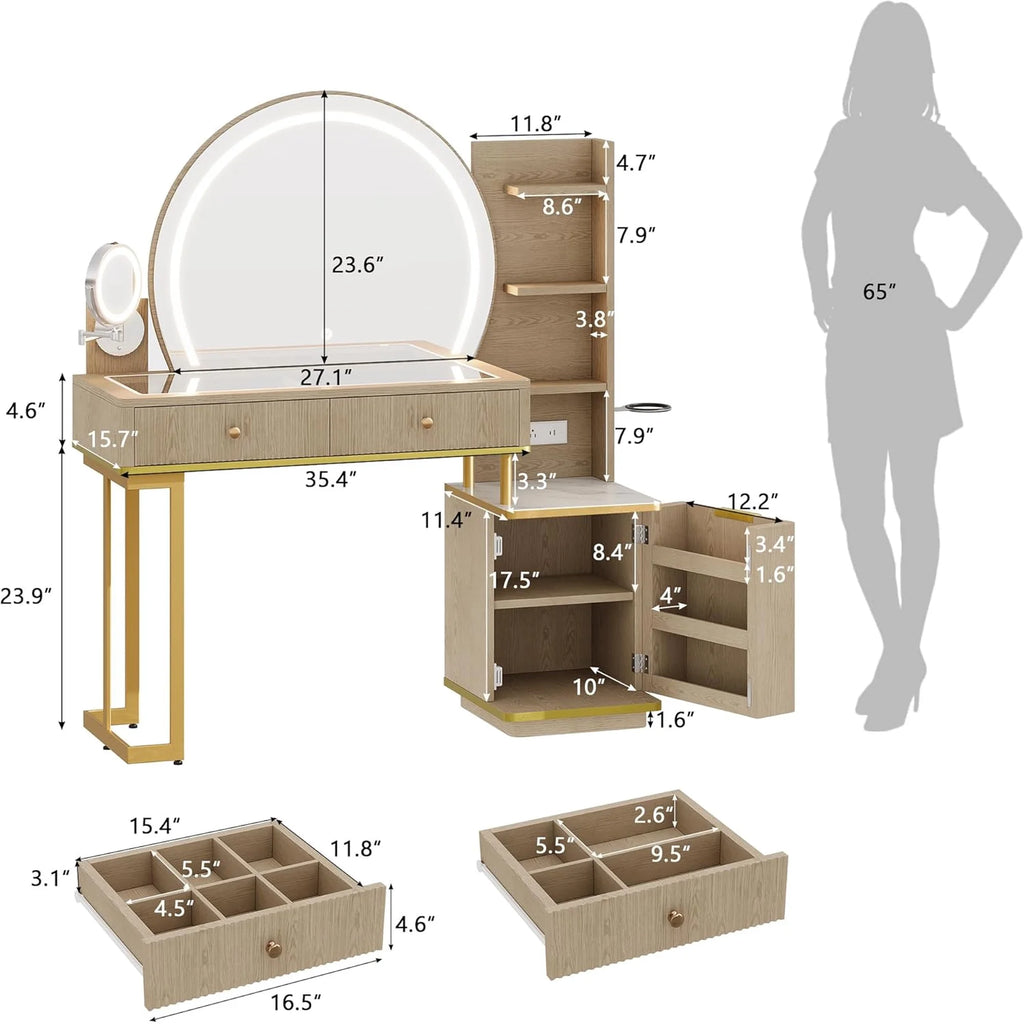 iPormis Makeup Vanity Desk with Round Mirror and Lights, 5x Magnifying Makeup Mirror, Dressing Table w/Power Outlets, Doorshelves & Adjustable Storage