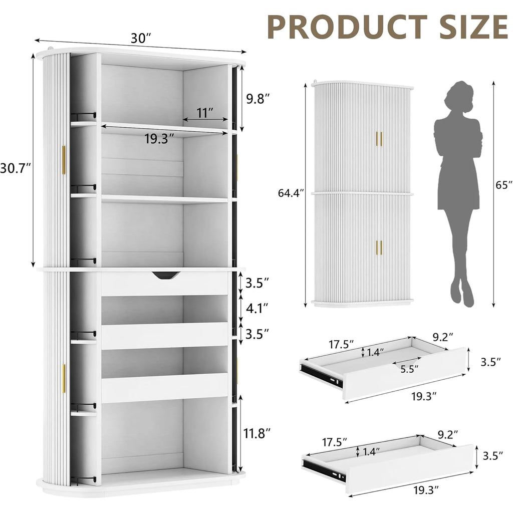 iPormis 64" Kitchen Pantry with Sliding Doors, Tall Farmhouse Curved Pantry Storage Cabinets with Drawer & Pull Out Shelves