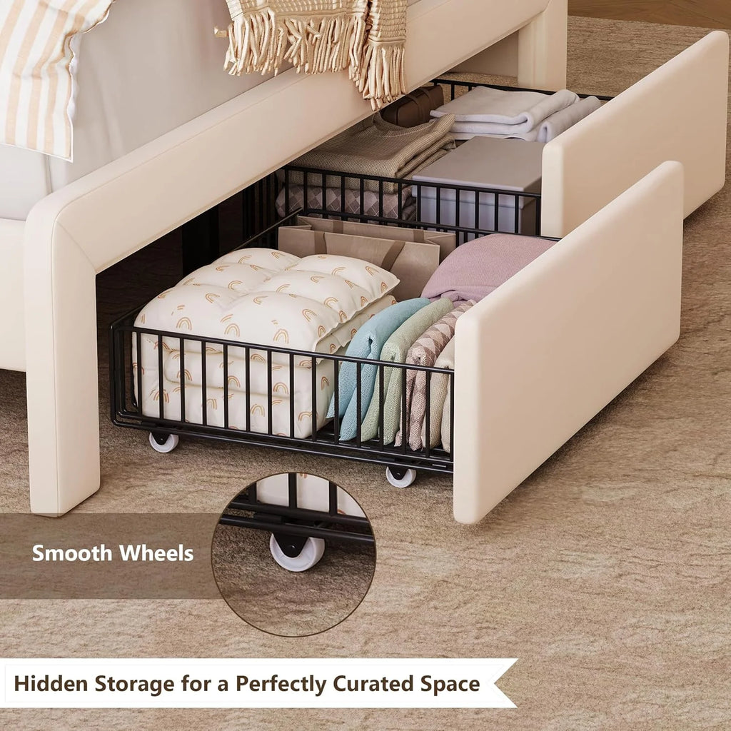 Upholstered Bed Frame with 2 Storage Drawers and Side-Shelf Headboard, Velvet Bed Frame with LED Lights