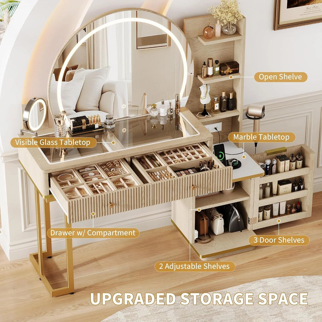 iPormis Makeup Vanity Desk with Round Mirror and Lights, 5x Magnifying Makeup Mirror, Dressing Table w/Power Outlets, Doorshelves & Adjustable Storage