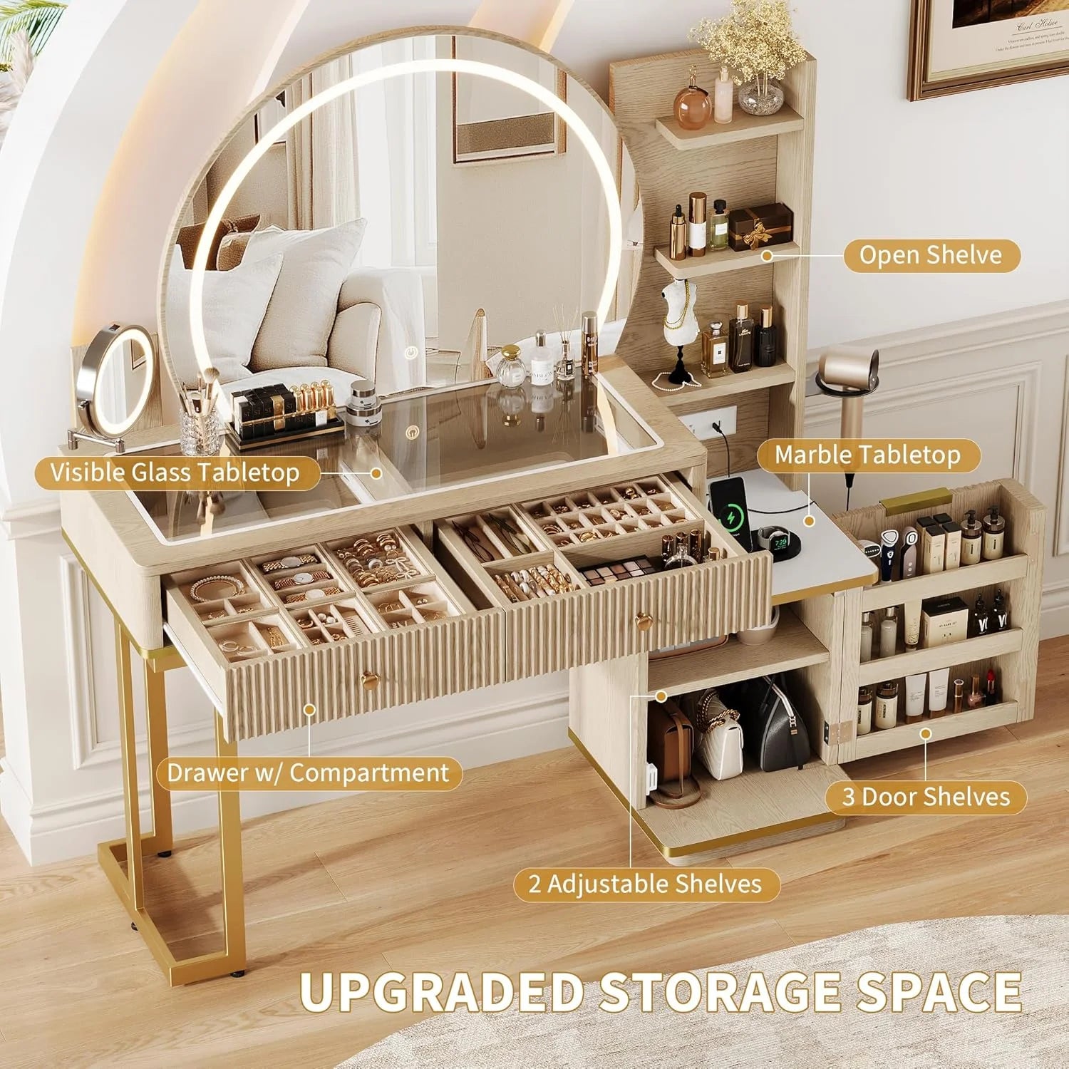 iPormis Makeup Vanity Desk with Round Mirror and Lights, 5x Magnifying Makeup Mirror, Dressing Table w/Power Outlets, Doorshelves & Adjustable Storage