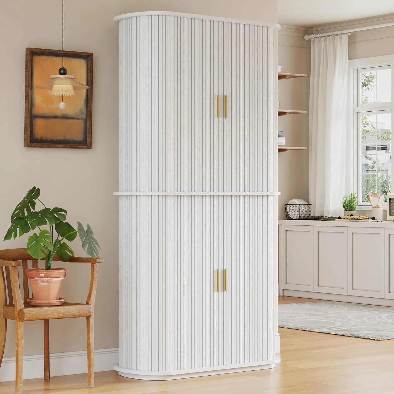iPormis 64" Kitchen Pantry with Sliding Doors, Tall Farmhouse Curved Pantry Storage Cabinets with Drawer & Pull Out Shelves
