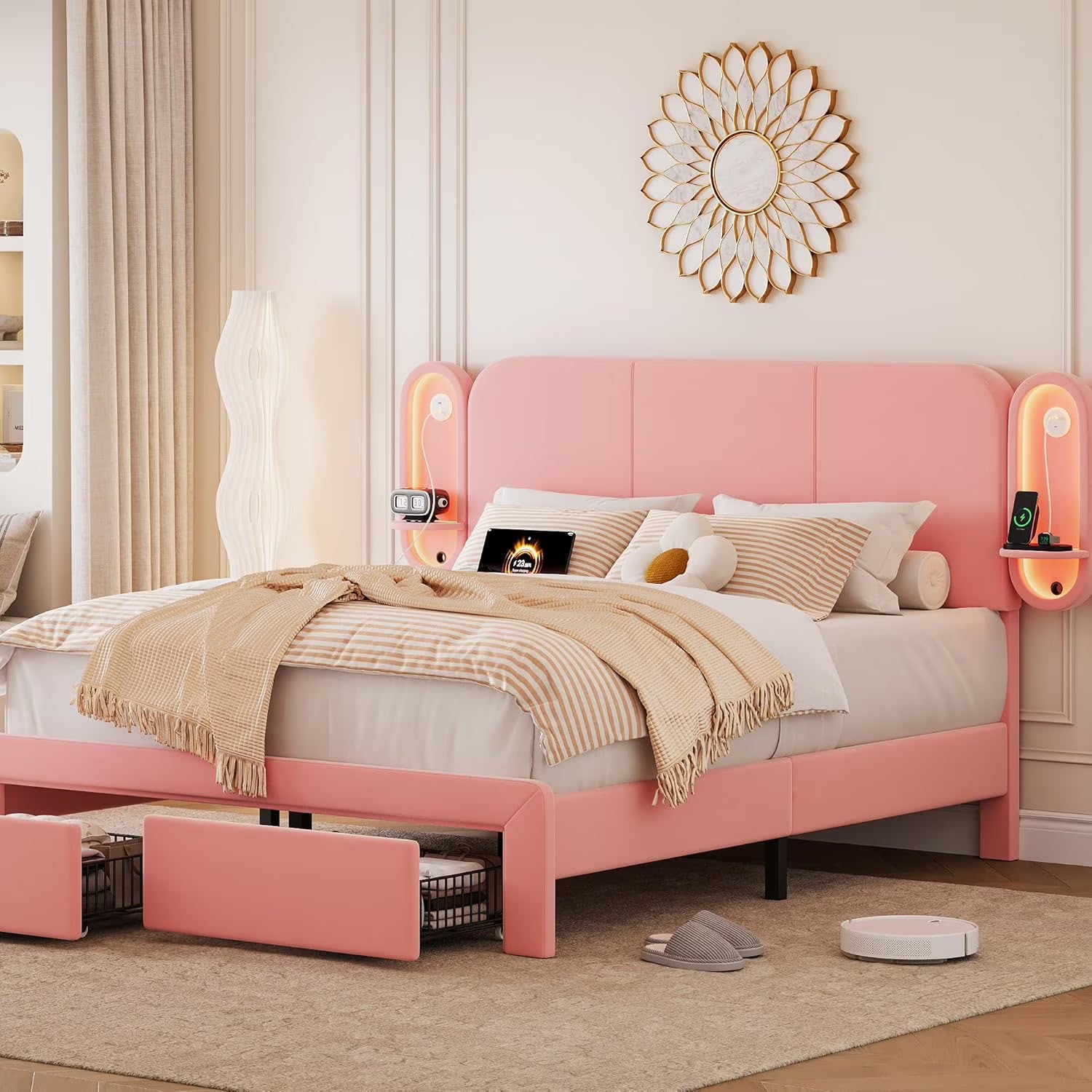 Upholstered Bed Frame with 2 Storage Drawers and Side-Shelf Headboard, Velvet Bed Frame with LED Lights