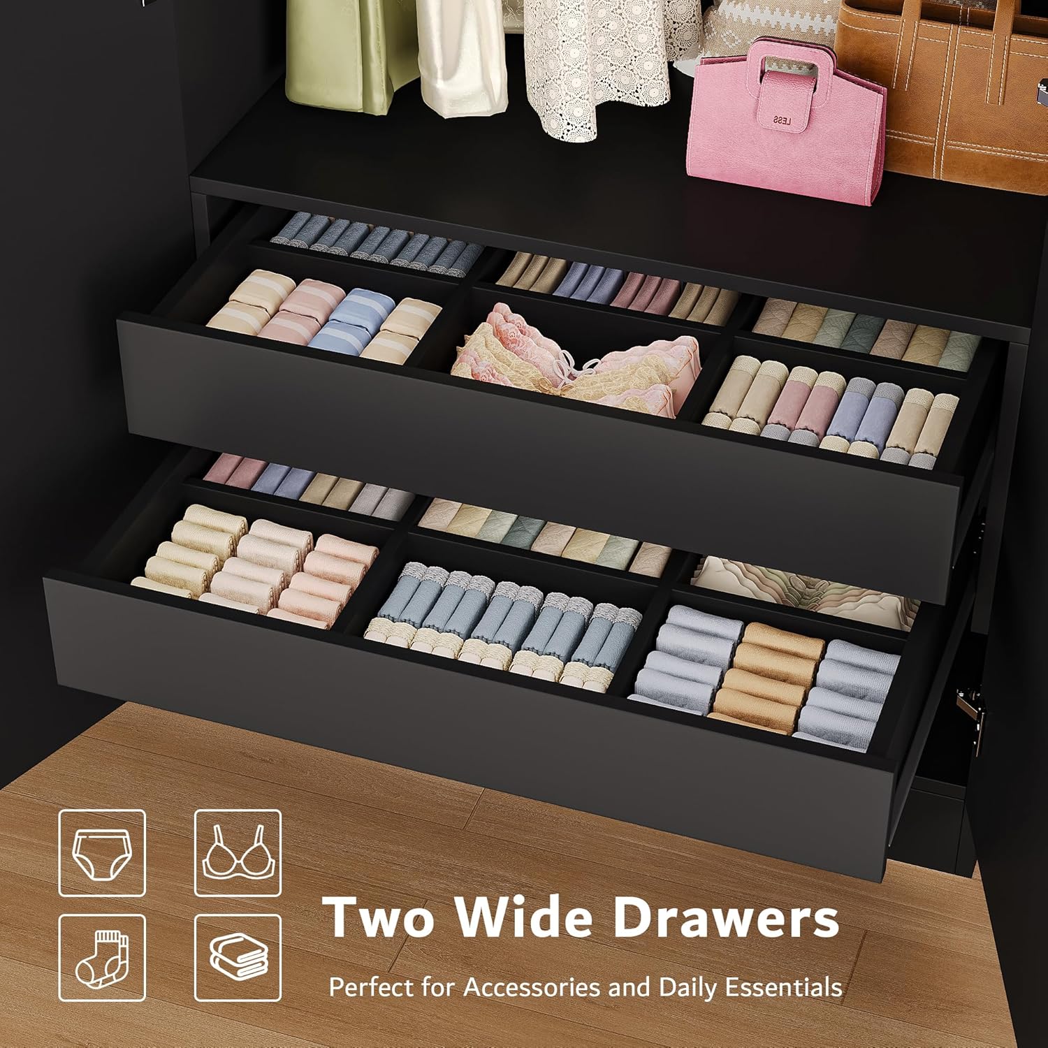 iPormis 4 doors armoire wardrobe closet with 2 drawers, featuring a spacious design and modern style for organizing clothes.