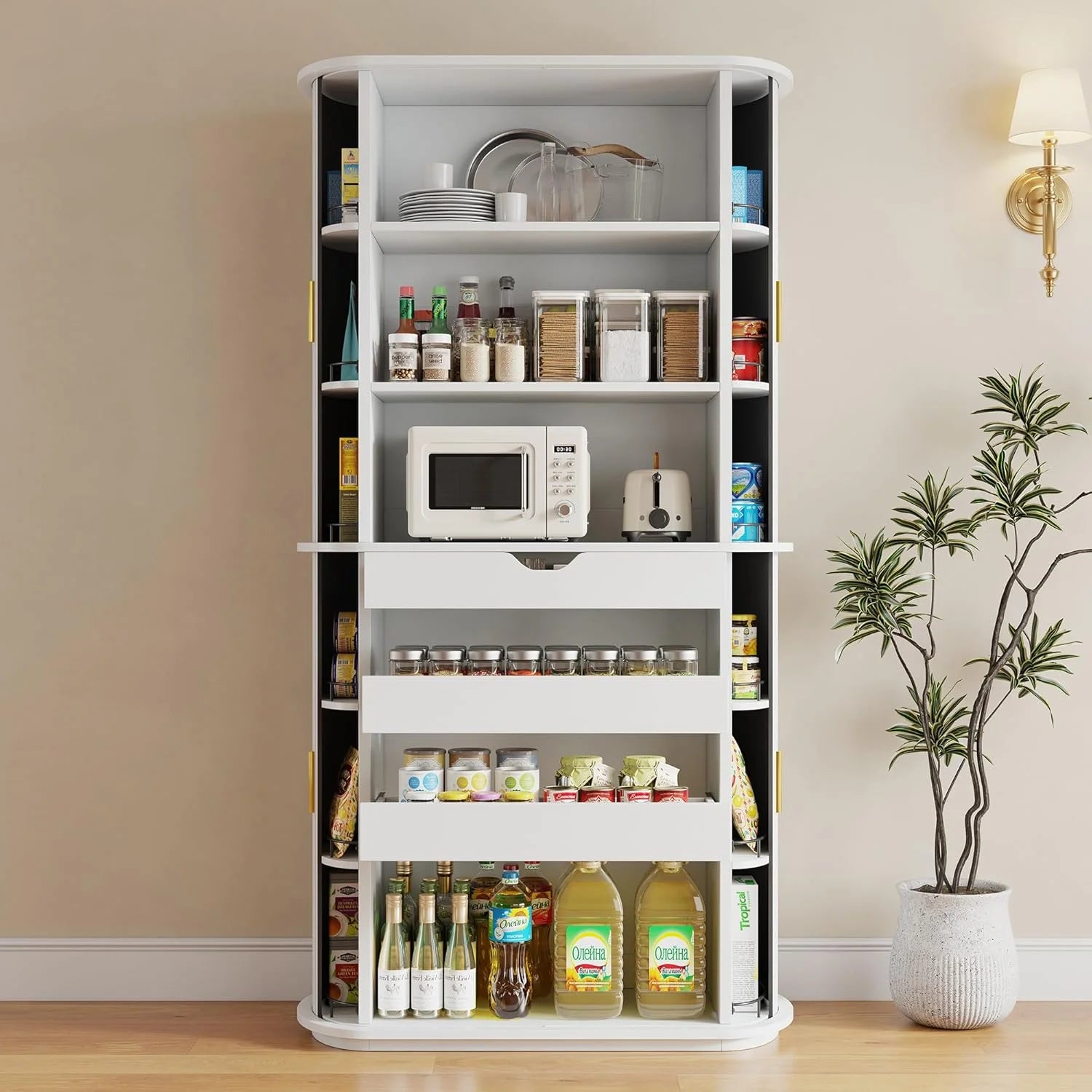 iPormis 64" Kitchen Pantry with Sliding Doors, Tall Farmhouse Curved Pantry Storage Cabinets with Drawer & Pull Out Shelves