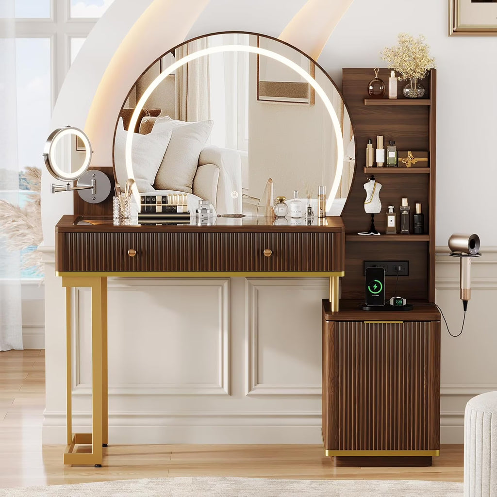 iPormis Makeup Vanity Desk with Round Mirror and Lights, 5x Magnifying Makeup Mirror, Dressing Table w/Power Outlets, Doorshelves & Adjustable Storage