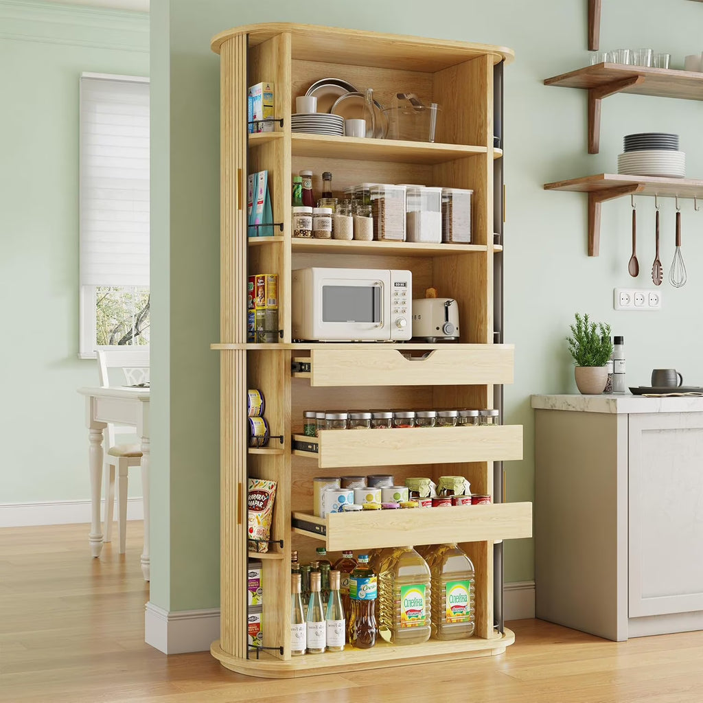 iPormis 64" Kitchen Pantry with Sliding Doors, Tall Farmhouse Curved Pantry Storage Cabinets with Drawer & Pull Out Shelves