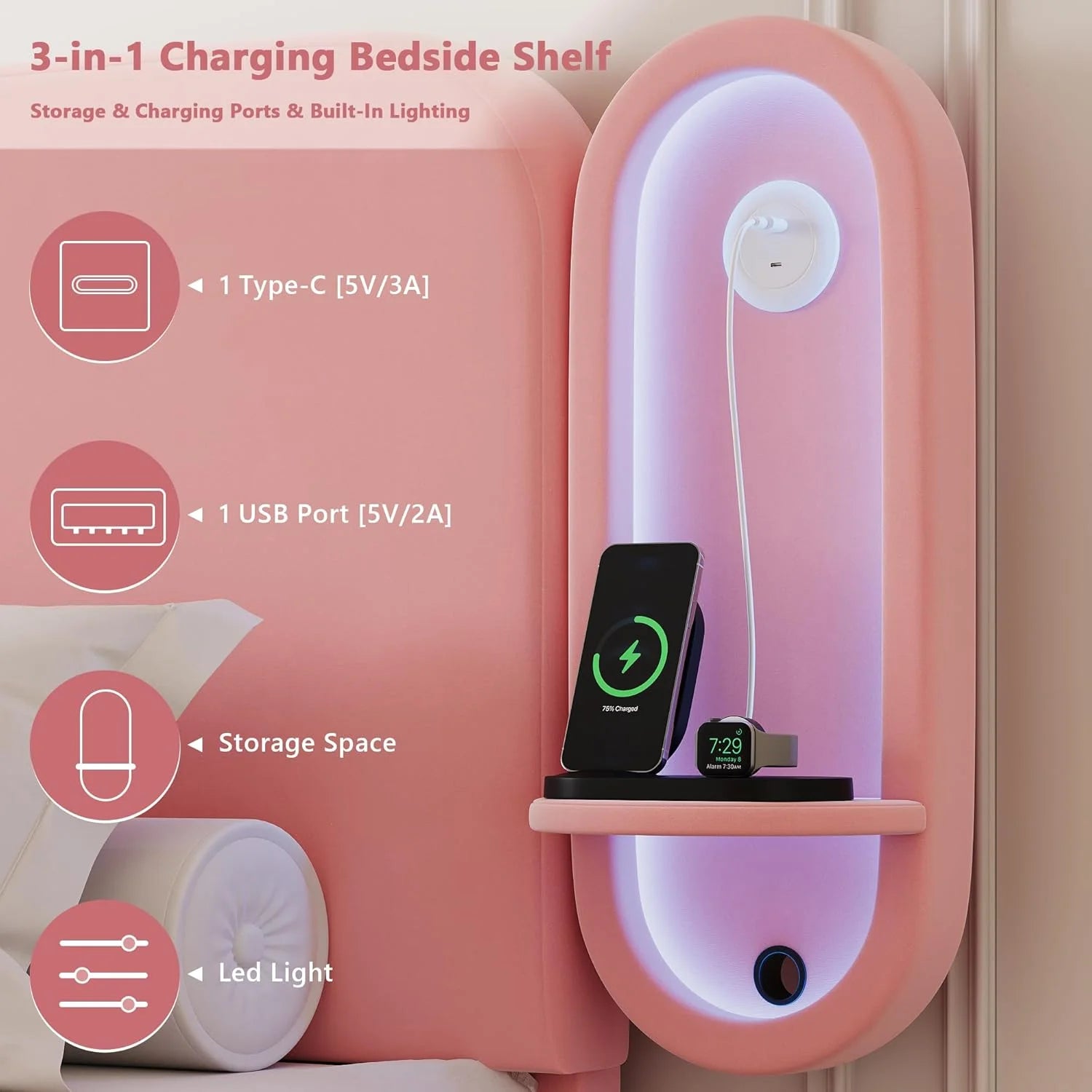 Upholstered Bed Frame with 2 Storage Drawers and Side-Shelf Headboard, Velvet Bed Frame with LED Lights