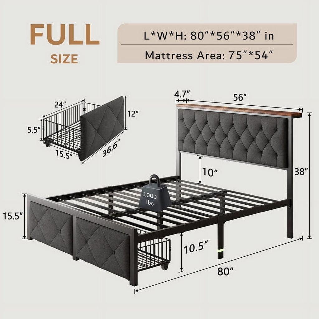 iPormis Full Bed Frame with 2 Drawers, Metal Platform Bed with Chargin