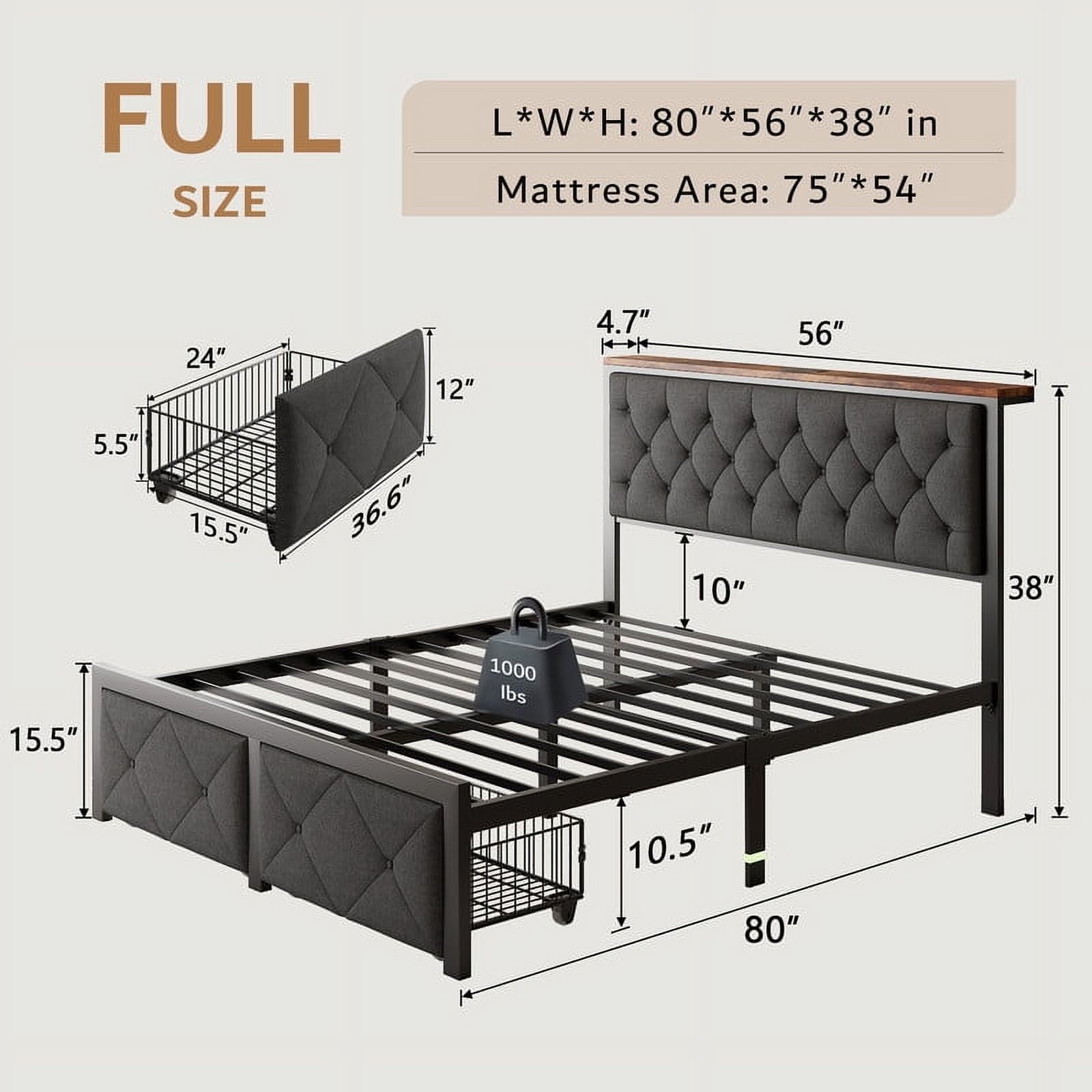 iPormis Full Bed Frame with 2 Drawers, Metal Platform Bed with Chargin