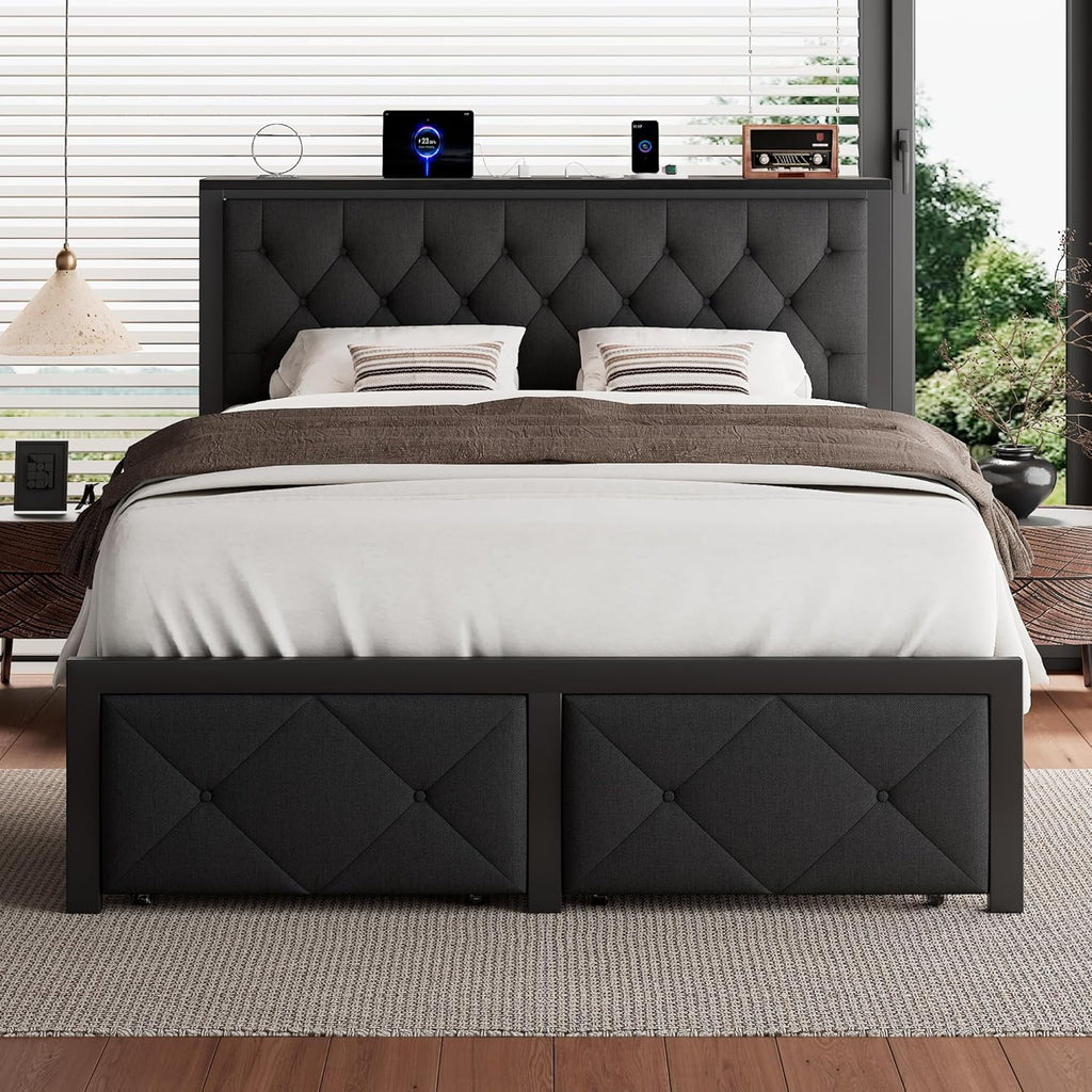ed Frame with 2 Drawers, Metal Platform Bed with Charging Station and Linen Fabric Storage Headboard