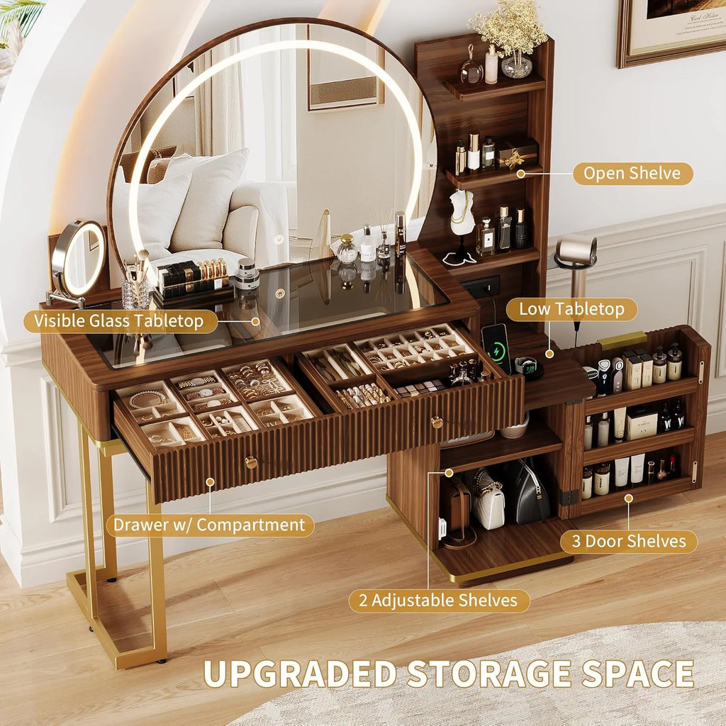 iPormis Makeup Vanity Desk with Round Mirror and Lights, 5x Magnifying Makeup Mirror, Dressing Table w/Power Outlets, Doorshelves & Adjustable Storage