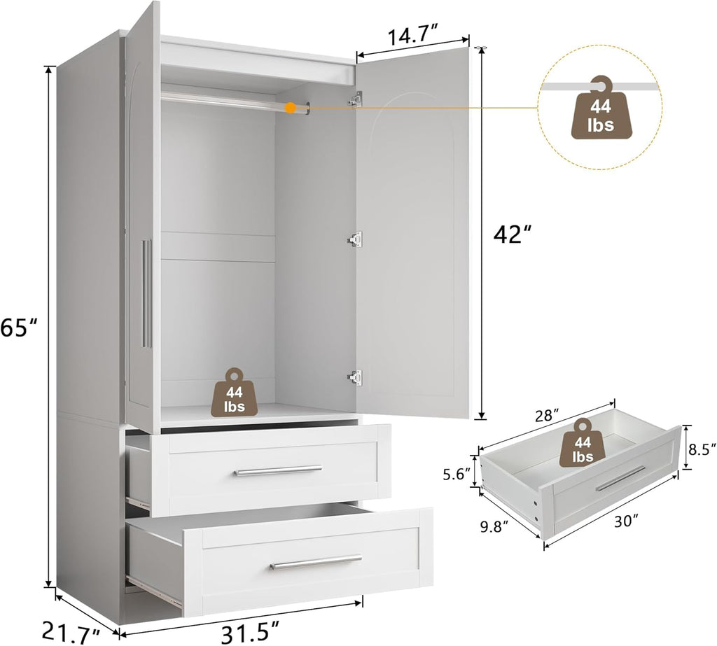 Modern Ipromis wooden armoire wardrobe closet with two drawers and doors, perfect for clothing storage in the bedroom.