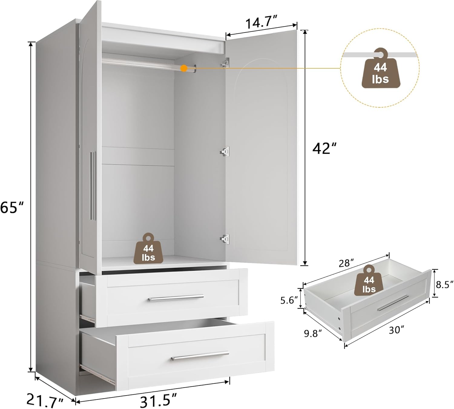 Modern Ipromis wooden armoire wardrobe closet with two drawers and doors, perfect for clothing storage in the bedroom.