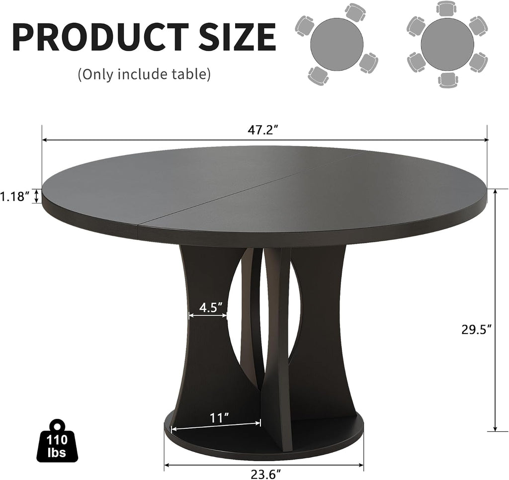 iPormis 47 Inch Round Dining Table for 4-6 People, Wooden Dining Room Table with Pedestal Base, Modern Kitchen Table for Small Spaces, Black, Table Only