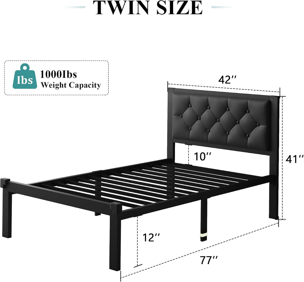iPormis Twin Size Metal Bed Frame, Faux Leather Platform Bed Frame with Button Tufted Headboard, 12" Underbed Space, Steel Slats Support, Easy Assembly, No Box Spring Needed, Black