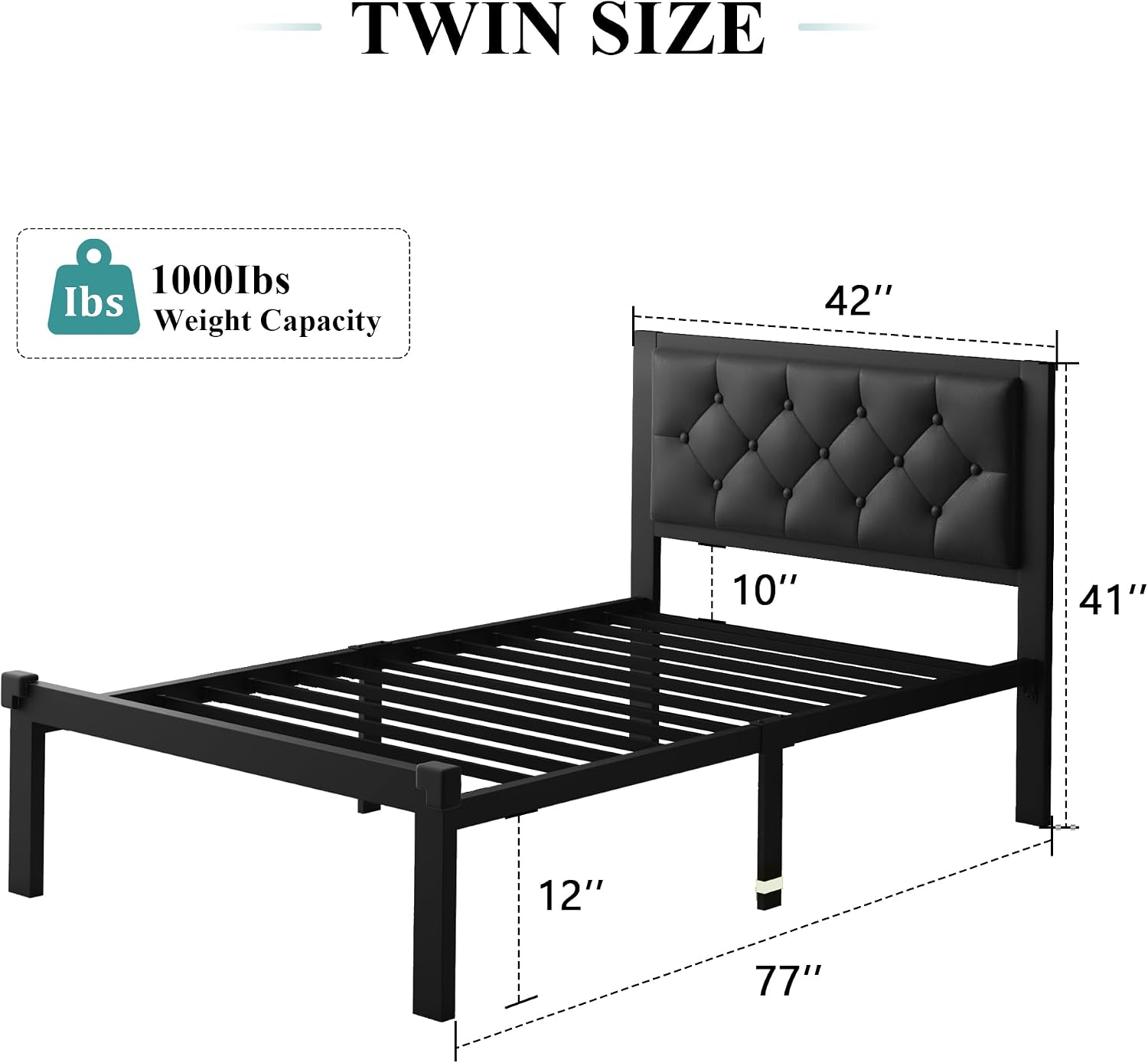 iPormis Twin Size Metal Bed Frame, Faux Leather Platform Bed Frame with Button Tufted Headboard, 12" Underbed Space, Steel Slats Support, Easy Assembly, No Box Spring Needed, Black