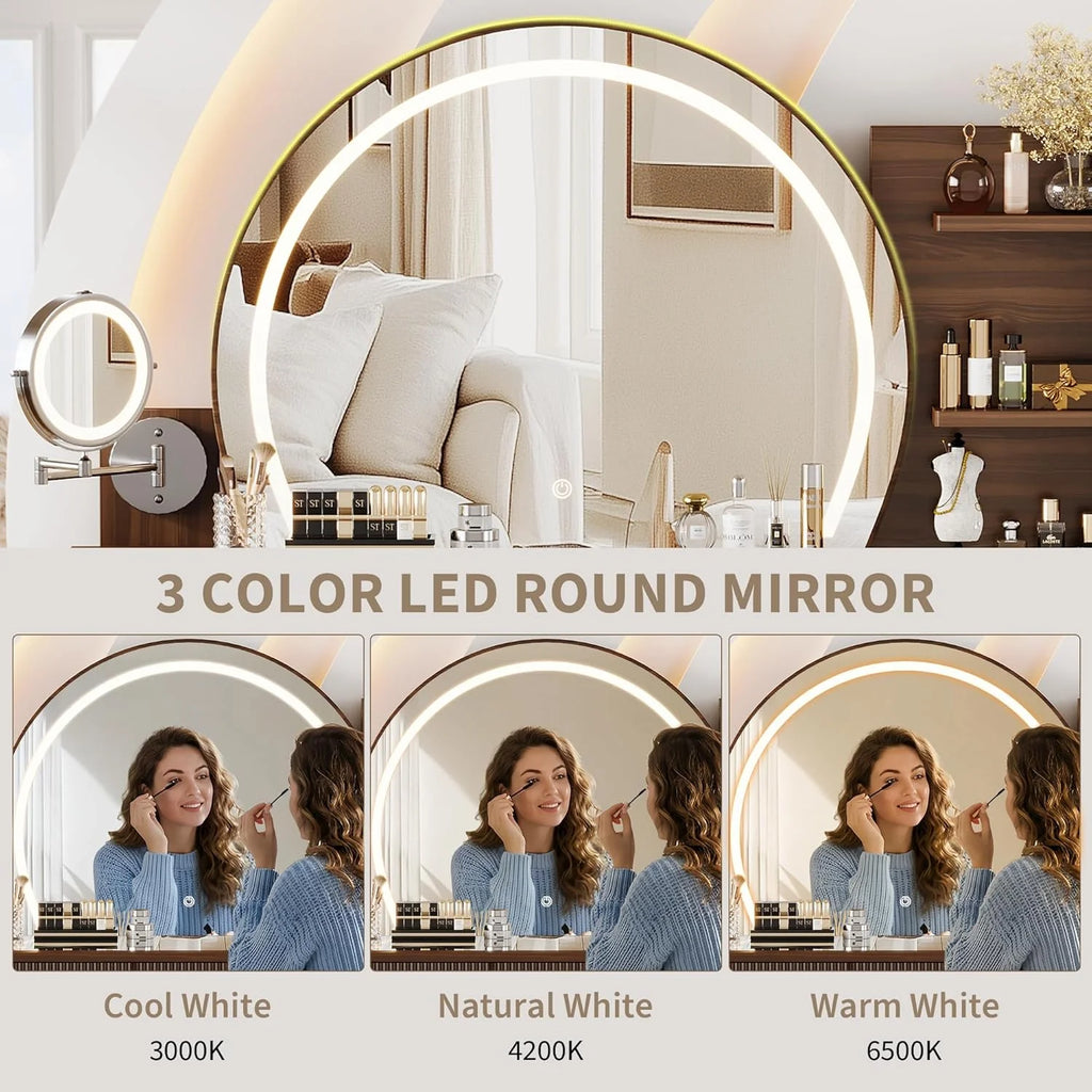 iPormis Makeup Vanity Desk with Round Mirror and Lights, 5x Magnifying Makeup Mirror, Dressing Table w/Power Outlets, Doorshelves & Adjustable Storage