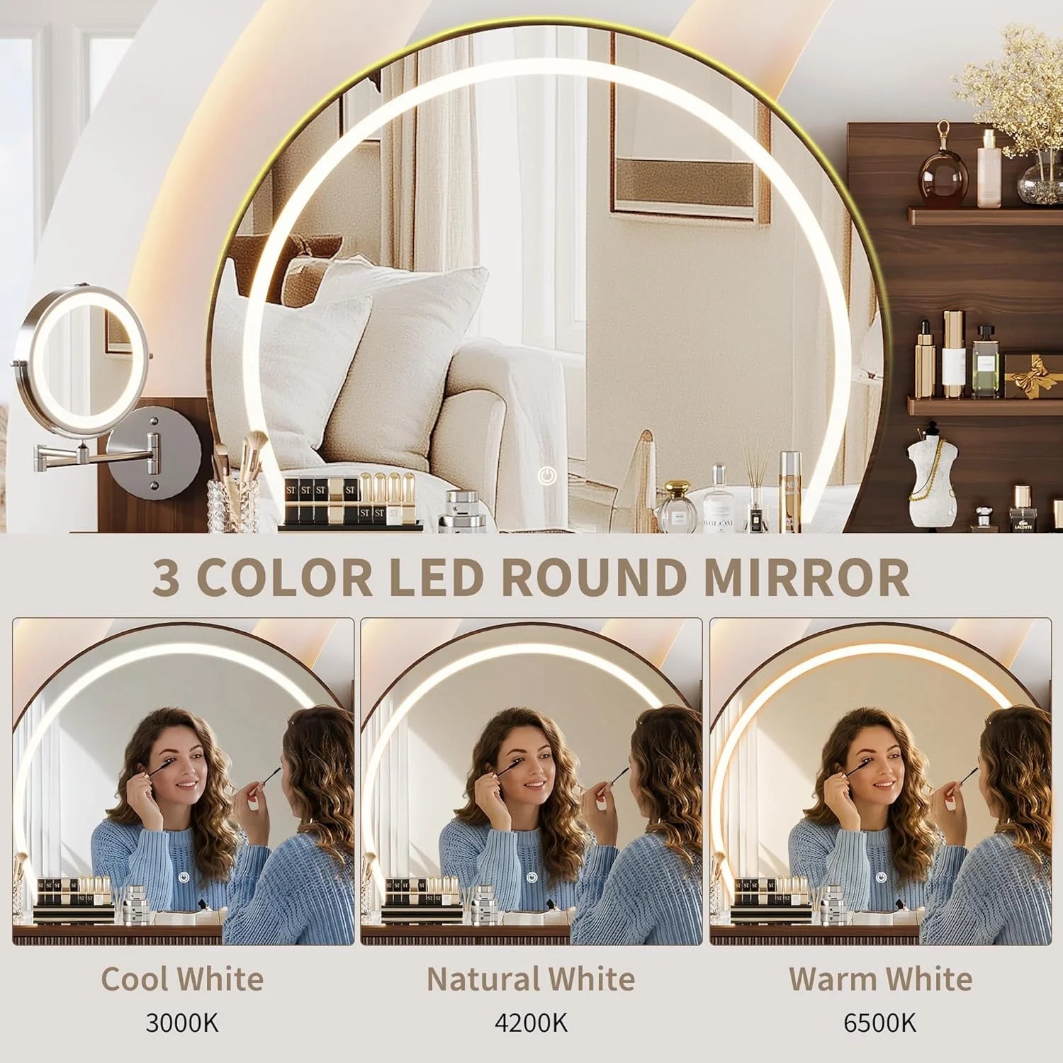 iPormis Makeup Vanity Desk with Round Mirror and Lights, 5x Magnifying Makeup Mirror, Dressing Table w/Power Outlets, Doorshelves & Adjustable Storage
