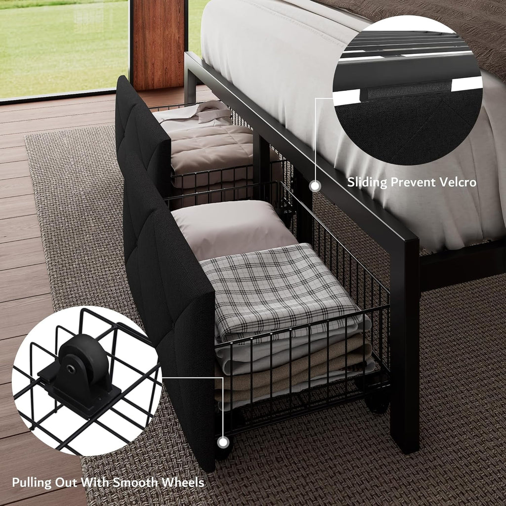 ed Frame with 2 Drawers, Metal Platform Bed with Charging Station and Linen Fabric Storage Headboard