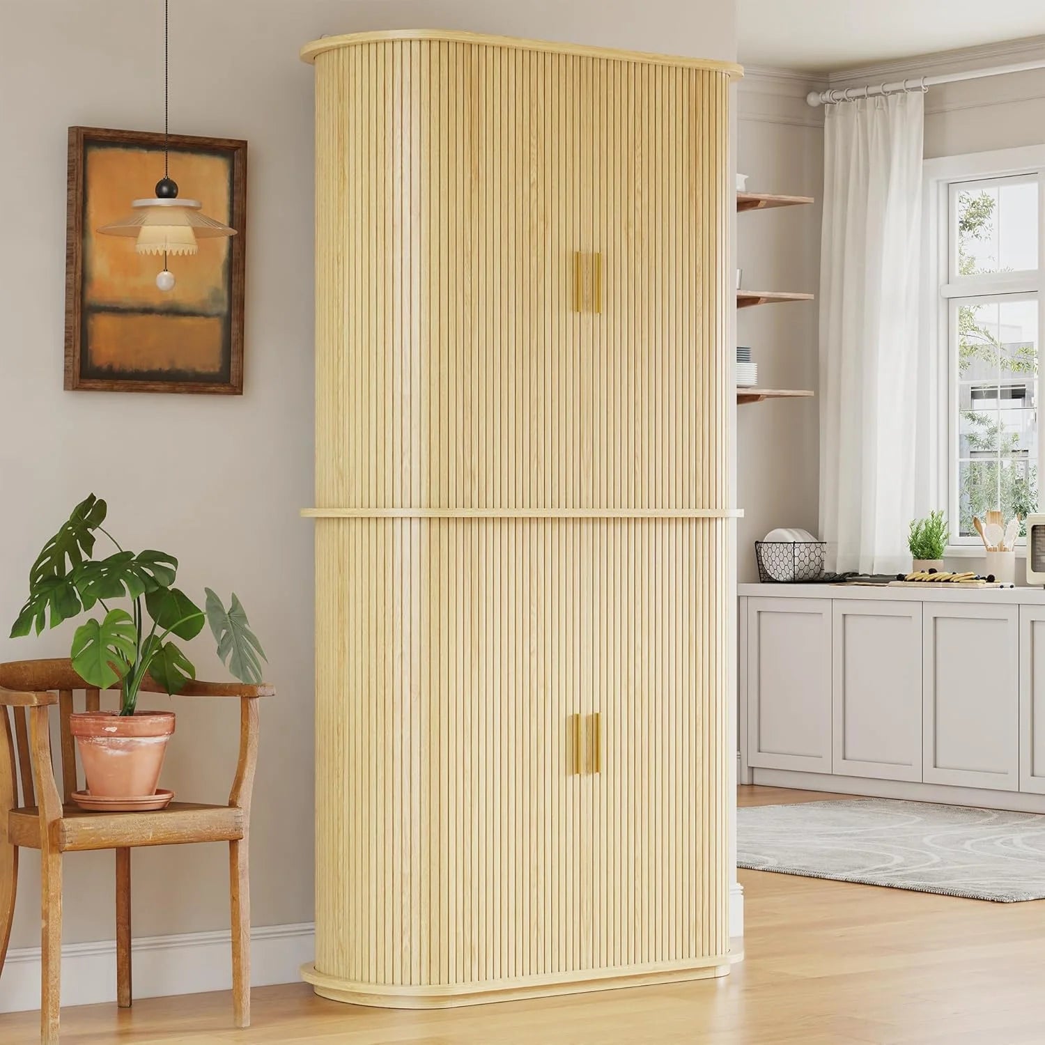 iPormis 64" Kitchen Pantry with Sliding Doors, Tall Farmhouse Curved Pantry Storage Cabinets with Drawer & Pull Out Shelves