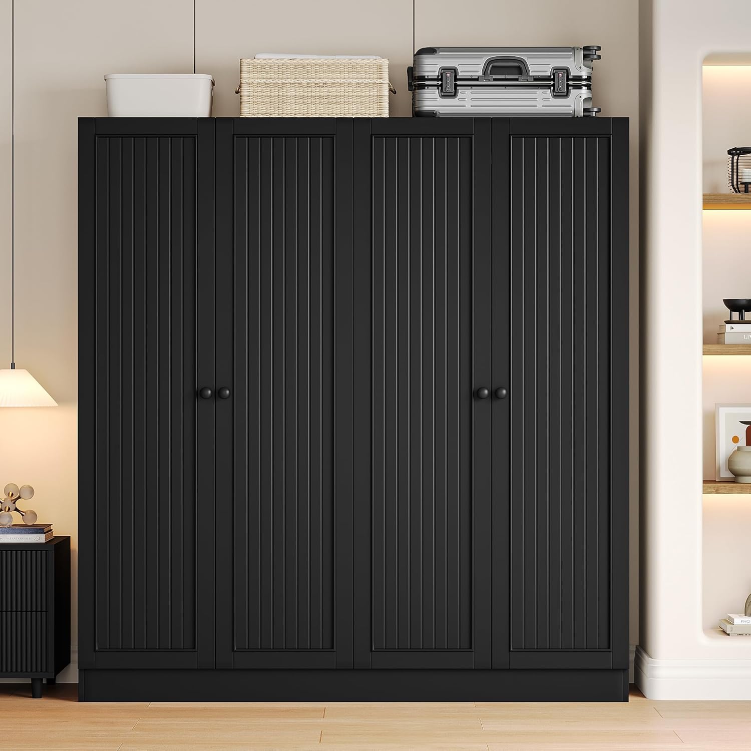 iPormis 4 doors armoire wardrobe closet in white with 2 drawers and large storage space, 63 inches tall.