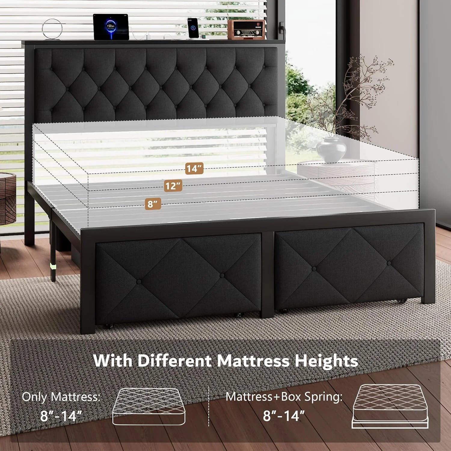 ed Frame with 2 Drawers, Metal Platform Bed with Charging Station and Linen Fabric Storage Headboard