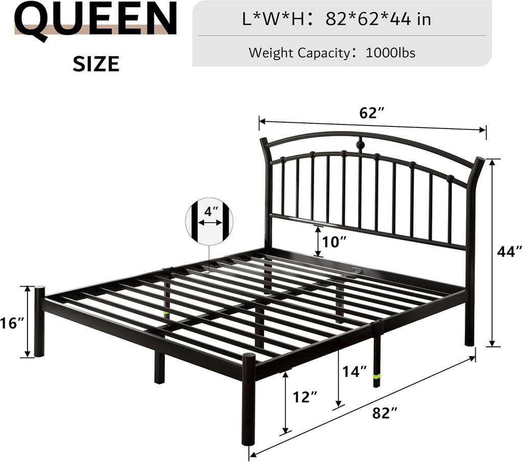 iPormis Queen Size Metal Platform Bed Frame with Modern Iron-Art Headboard/Heavy Duty Steel Slats Support/Under Bed Storage/No Box Spring Needed/Easy Assembly/Noise-Free/Black