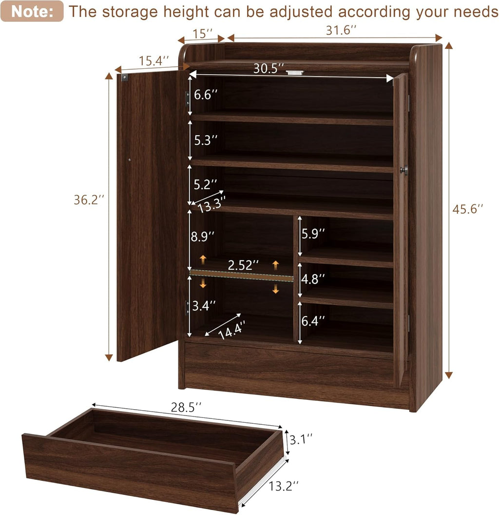 iPormis 6-Tier Shoe Cabinet with Drawer, 47” Tall Large Shoe Storage Cabinet with Doors & Adjustable Shelves, Freestanding Wooden Shoe Rack Organizer Cabinet for Entryway Hallway, Walnut Brown