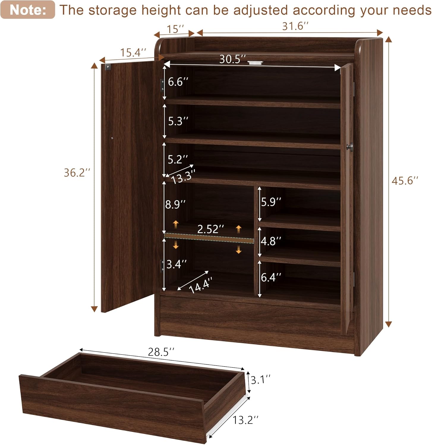 iPormis 6-Tier Shoe Cabinet with Drawer, 47” Tall Large Shoe Storage Cabinet with Doors & Adjustable Shelves, Freestanding Wooden Shoe Rack Organizer Cabinet for Entryway Hallway, Walnut Brown