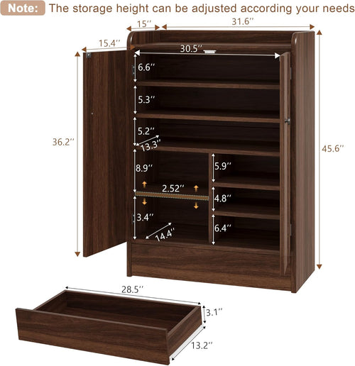 iPormis 6-Tier Shoe Cabinet with Drawer, 47” Tall Large Shoe Storage Cabinet with Doors & Adjustable Shelves, Freestanding Wooden Shoe Rack Organizer Cabinet for Entryway Hallway, Walnut Brown