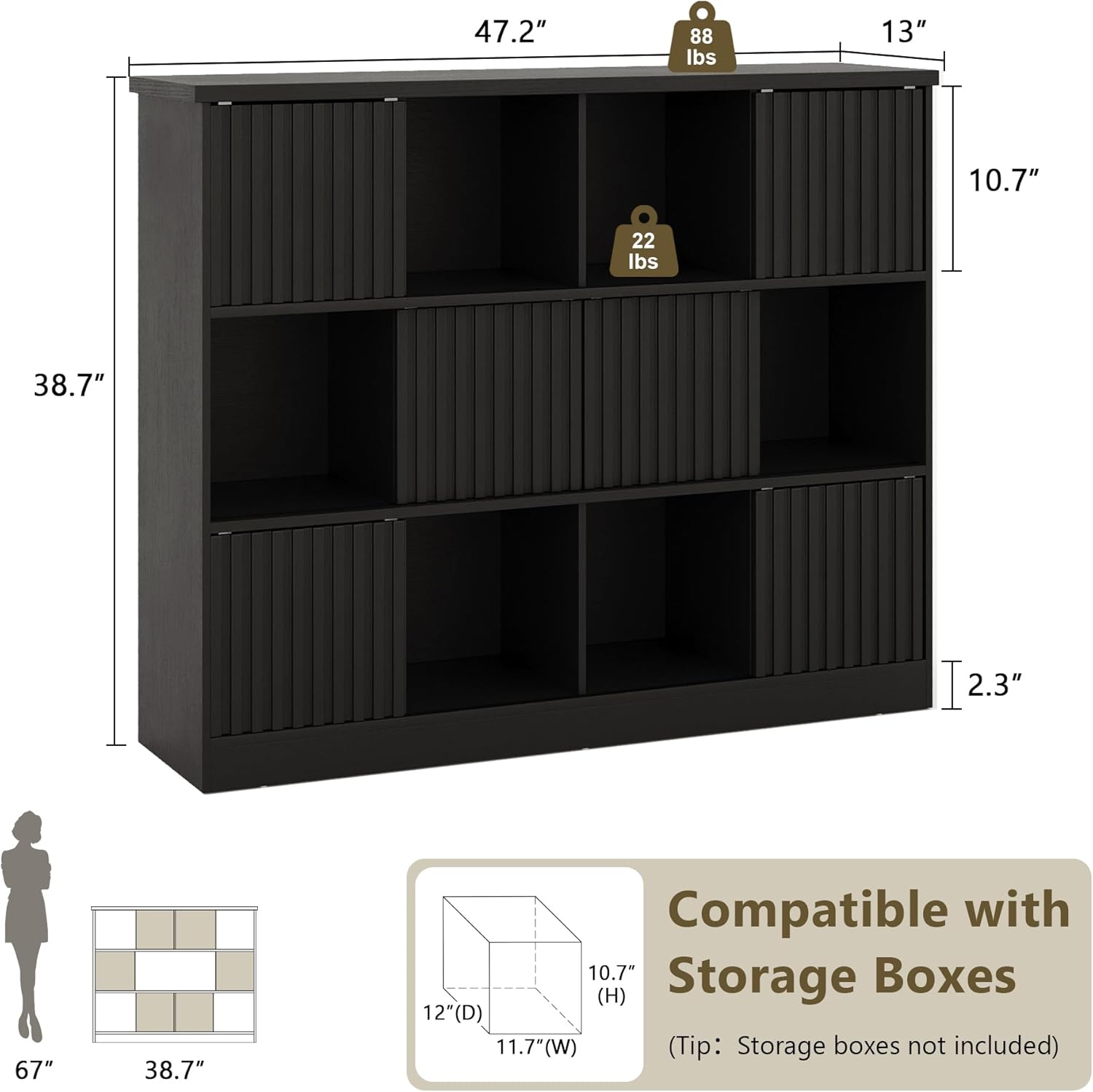 iPormis Bookcase 12 Cube Storage Organizer - 6 Fluted Sliding Doors, 3-Tier Wooden Bookshelf, 47.2” Freestanding Bookcase Shelf for Home/Office, Semi-Open Bookshelves, Black