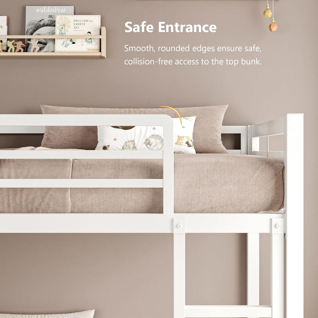 iPormis Metal Bunk Bed Twin Over Twin, Heavy Duty Bunk with High Guardrail and Safety Entrance Design, Under-Bed Storage Space, Easy Assembly, Noise Free, White