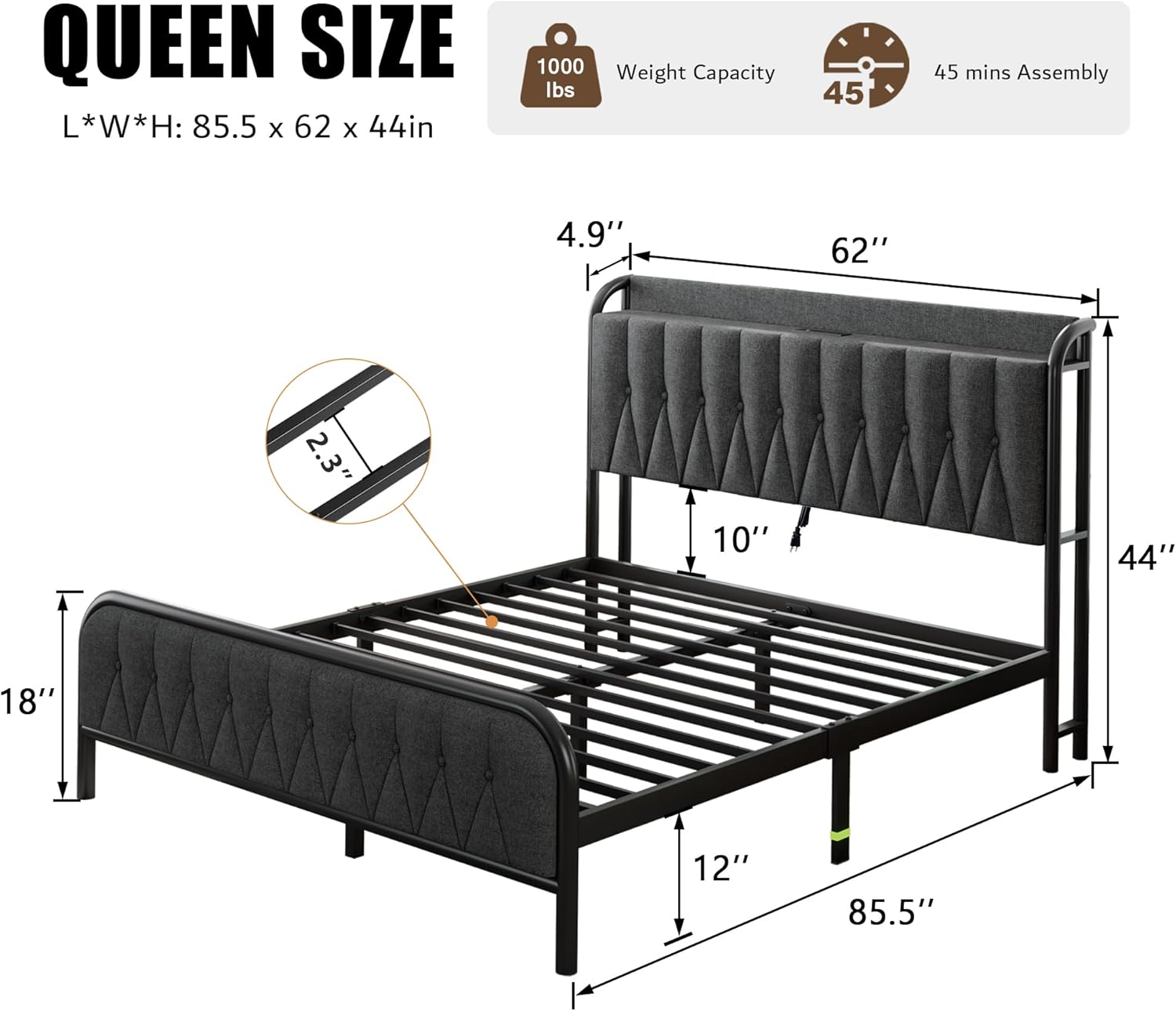 iPormis Metal Bed Frame Queen Size with Charging Station, Velvet Upholstered Headboard and Footboard, Heavy Duty Steel Support, 12" Under Bed Storage, No Box Spring Needed, Easy Assembly, Dark Grey