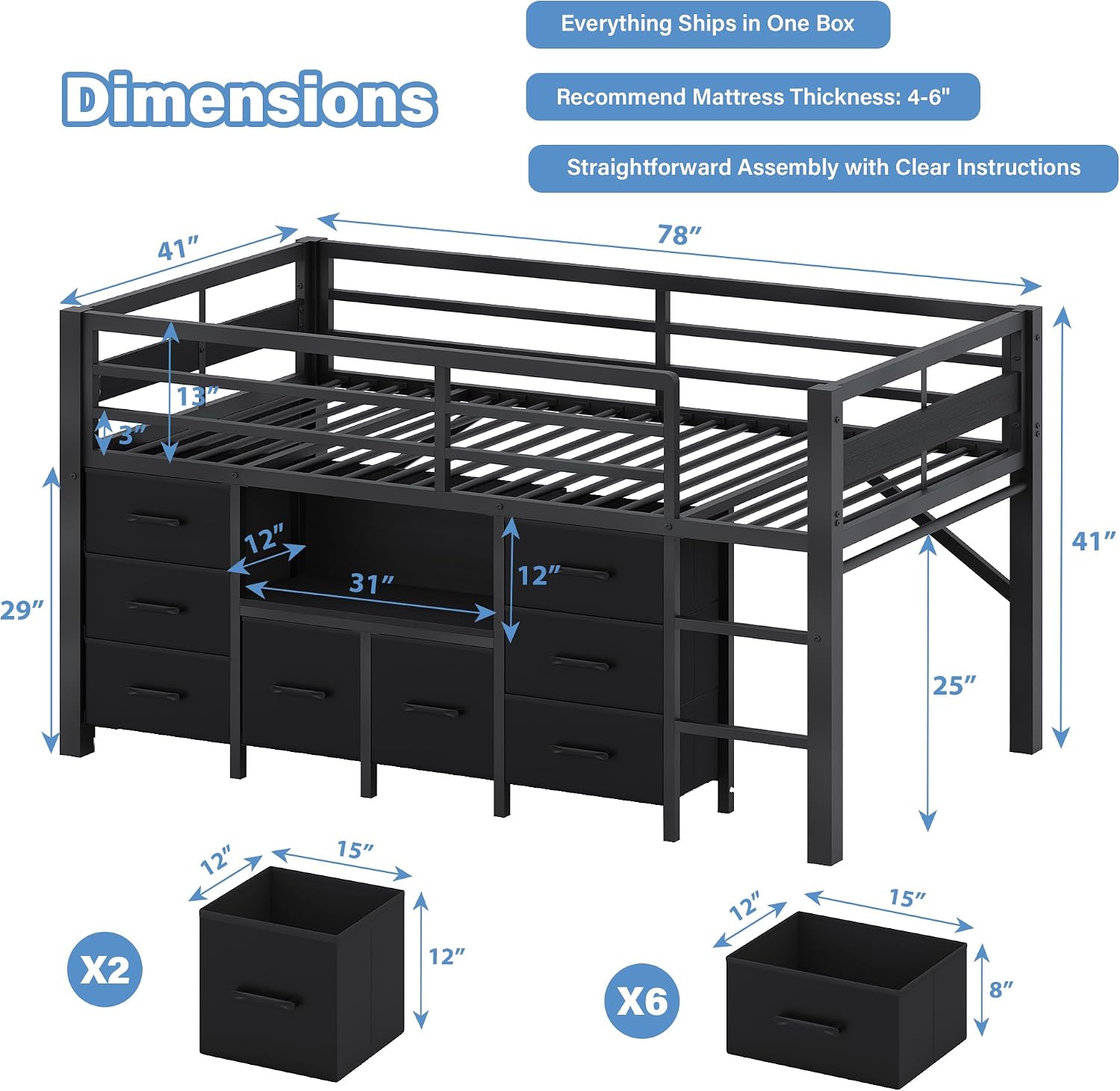 iPormis Low Loft Bed Twin Size with Bookcase, 8 Storage Drawers, Metal Kids Loft Bed with 13 Inch H Safety Guardrail, Play Curtain, Under-Bed Play Space - Black