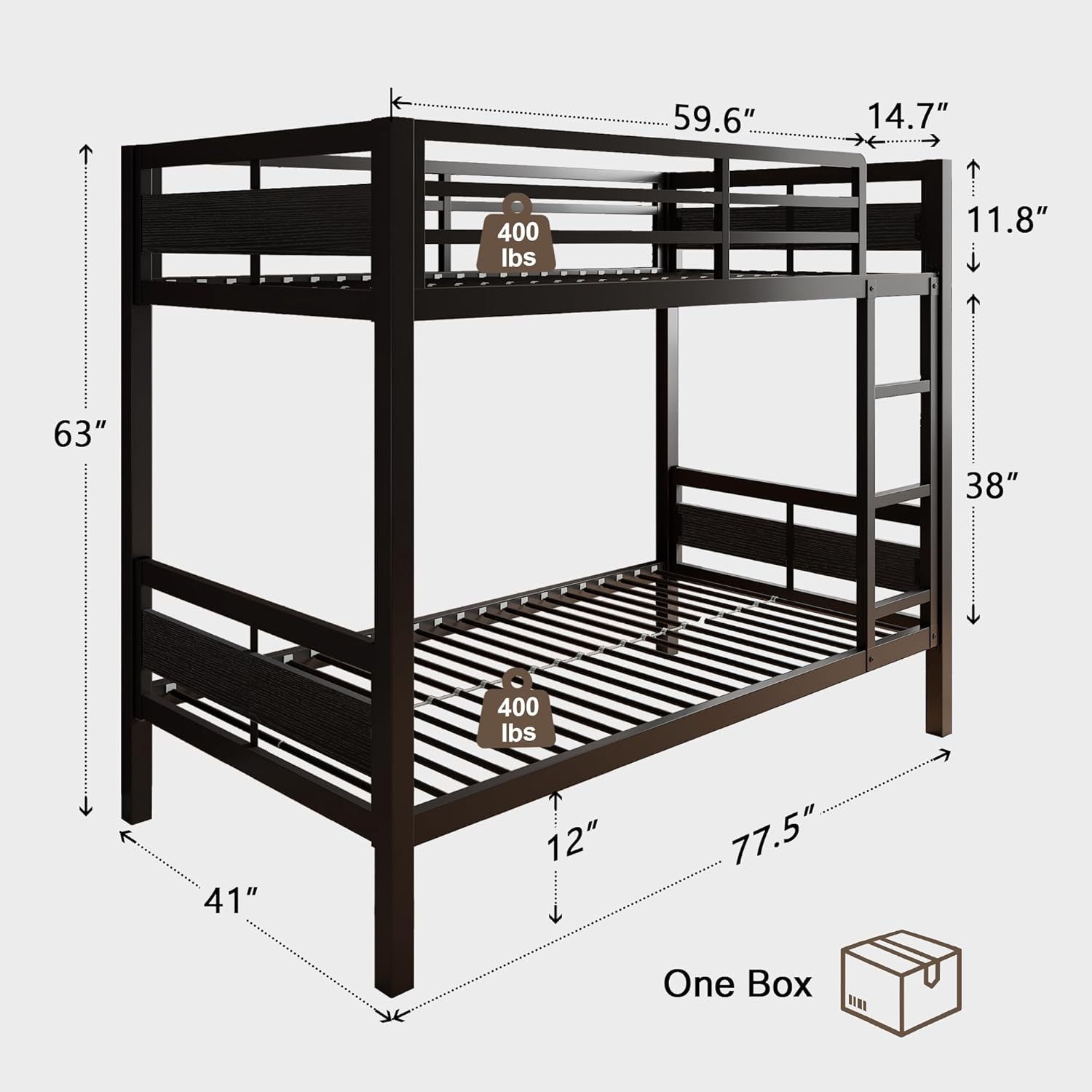 iPormis Metal Bunk Bed Twin Over Twin, Heavy Duty Bunk with High Guardrail and Safety Entrance Design, Under-Bed Storage Space, No Box Spring Needed, Noise Free, Black