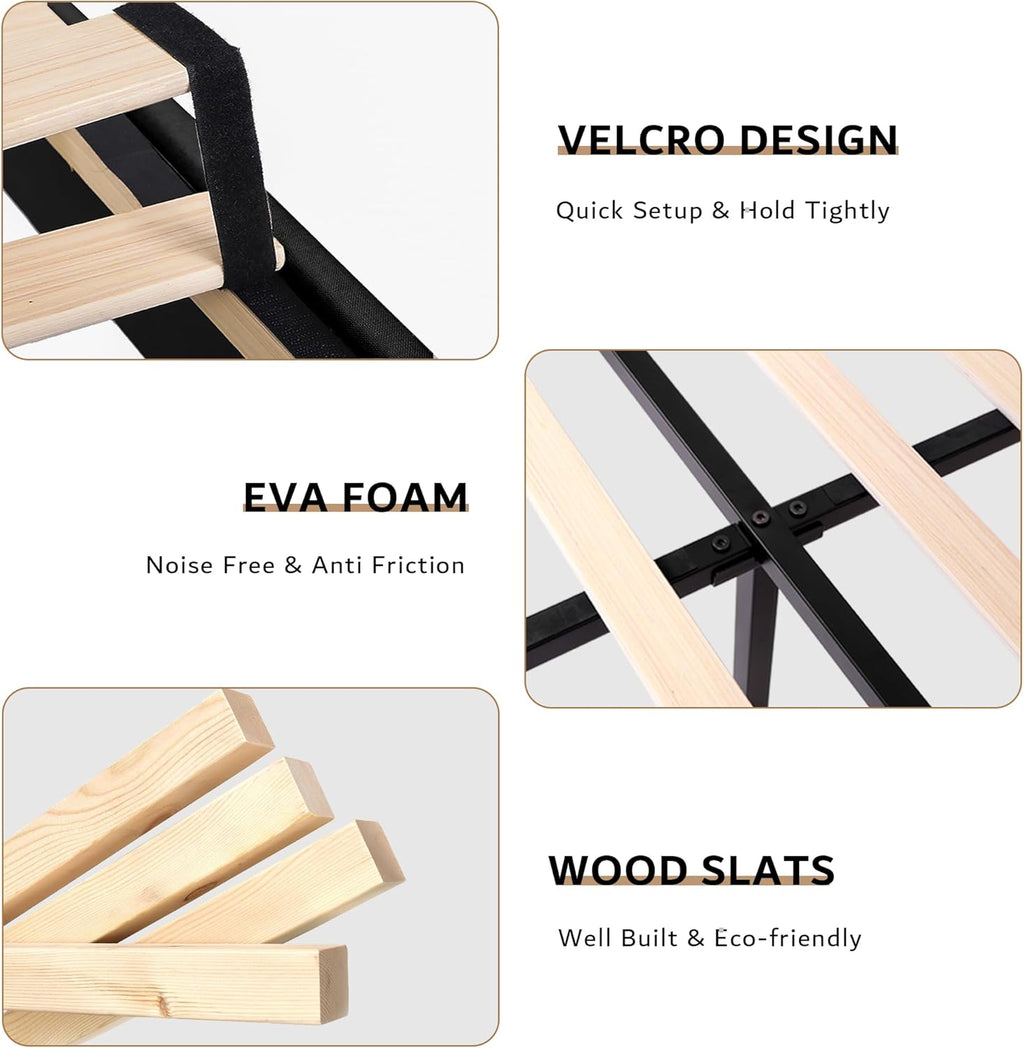 iPormis Full Bed Frame with 16" Comfort Wingback & Charging Station, Upholstered Platform Bed with Button Tufted Storage Headboard, Solid Wood Slats Support, No Box Spring Needed, Black