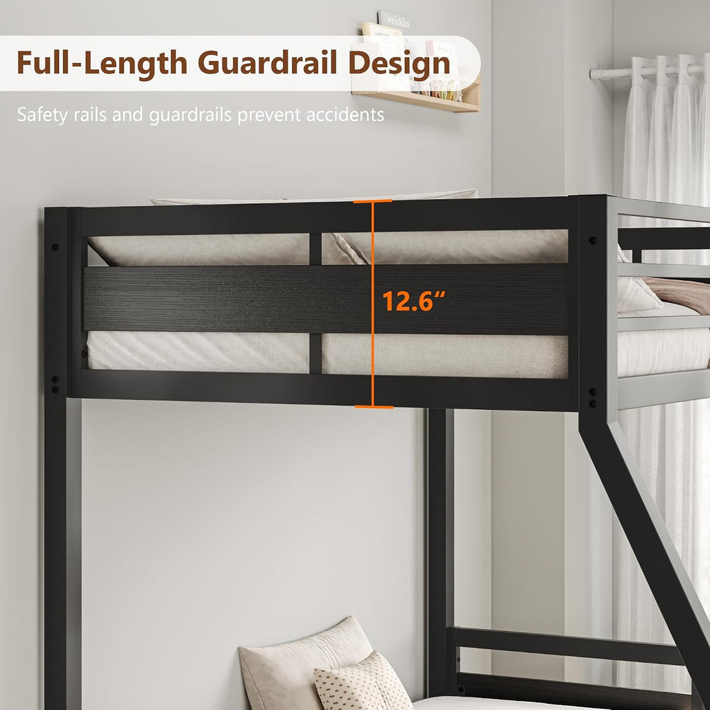 iPormis Metal Bunk Bed Twin Over Full, Heavy Duty Bunk with High Guardrail and Safety Entrance Design, Under-Bed Storage Space, Easy Assembly, Noise Free, Black