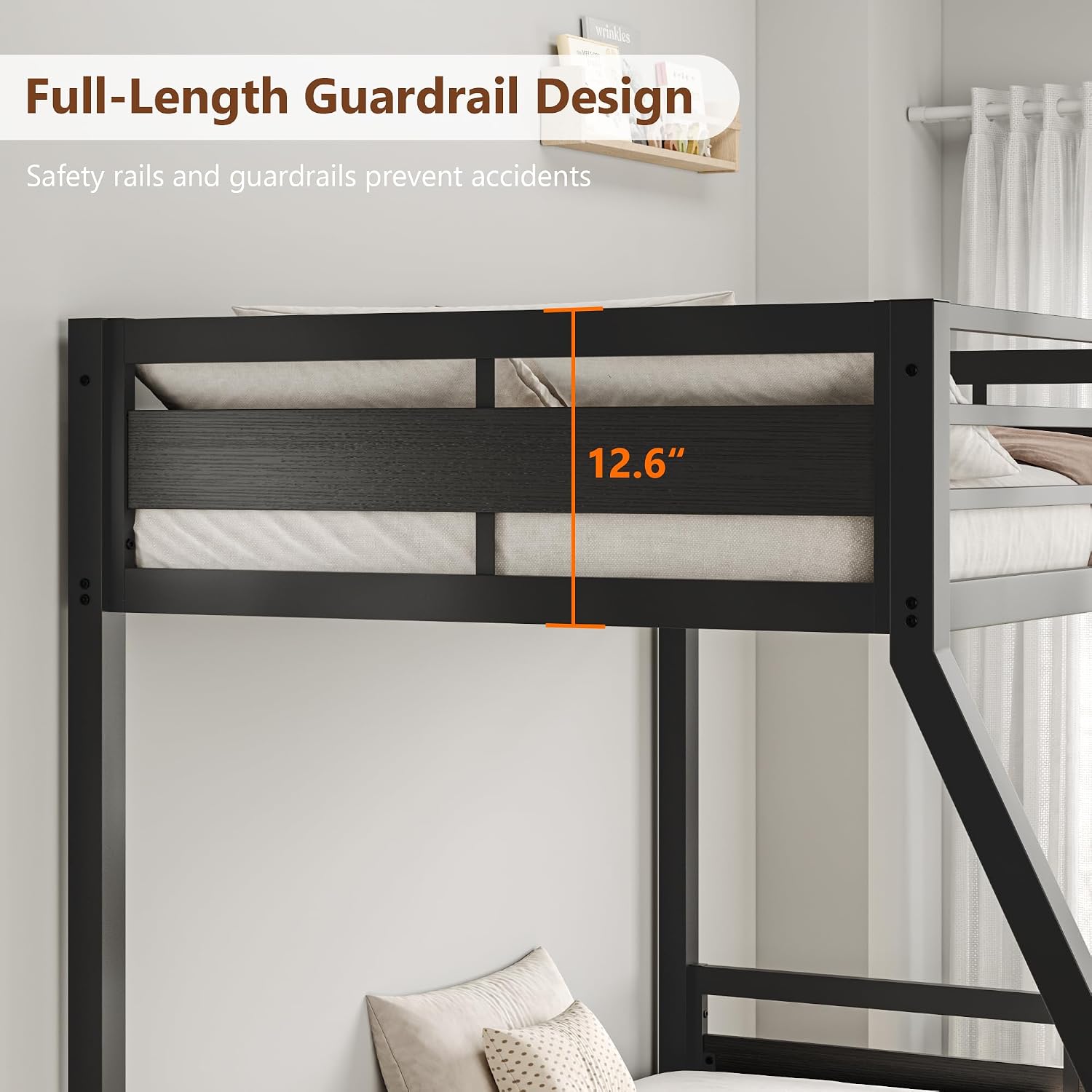 iPormis Metal Bunk Bed Twin Over Full, Heavy Duty Bunk with High Guardrail and Safety Entrance Design, Under-Bed Storage Space, Easy Assembly, Noise Free, Black